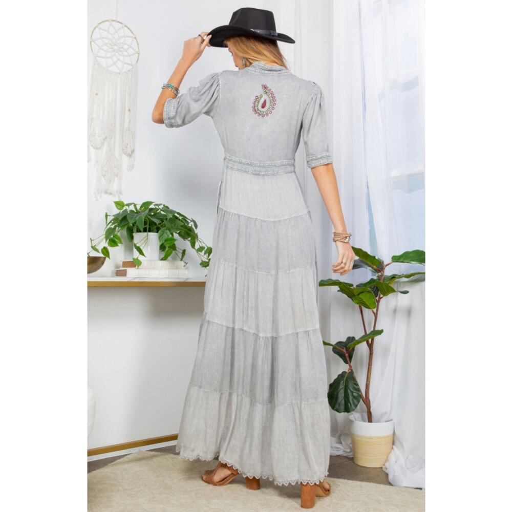 Young Threads Embroidered Maxi Dress Lace V-Neck Pockets L - Boho Cottagecore - Picture 6 of 9